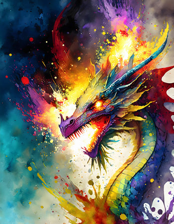Magical legendary theme showing a fire-drake in multicolored vibrant splashy ambiance. AI generated image with lots of paint splashes, splatters and spotsの素材