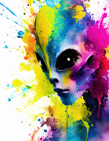 Extraterrestrial life form theme showing an alien portrait in multicolored vibrant splashy ambiance. AI generated image with lots of paint splashes, splatters and spotsの素材