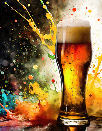 Consumption theme showing a beer glass in multicolored vibrant splashy ambiance. AI generated image with lots of paint splashes, splatters and spotsの素材