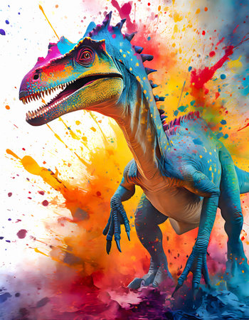 Primeval theme showing a dinosaur in multicolored vibrant splashy ambiance. AI generated image with lots of paint splashes, splatters and spotsの素材