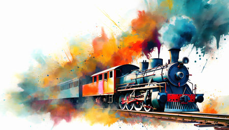 Historic transportation theme showing a steam locomotive in multicolored vibrant splashy ambiance. AI generated image with lots of paint splashes, splatters and spotsの素材