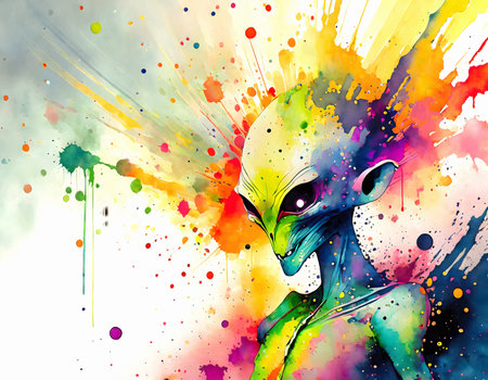 Extraterrestrial life form theme showing an alien portrait in multicolored vibrant splashy ambiance. AI generated image with lots of paint splashes, splatters and spotsの素材