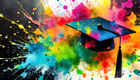 Academic graduation theme showing a square academic cap in multicolored vibrant splashy ambiance. AI generated image with lots of paint splashes, splatters and spotsの素材