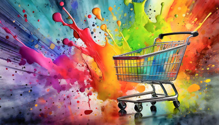 Shopping theme showing a shopping cart in multicolored vibrant splashy ambiance. AI generated image with lots of paint splashes, splatters and spotsの素材