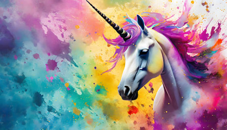 Fabulous theme showing a unicorn portrait in multicolored vibrant splashy ambiance. AI generated image with lots of paint splashes, splatters and spotsの素材