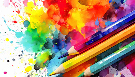 Creativity theme showing some colored pencils in multicolored vibrant splashy ambiance. AI generated image with lots of paint splashes, splatters and spotsの素材