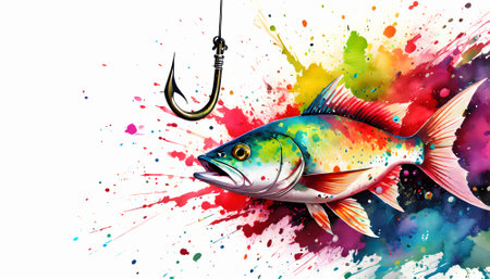 Angling theme showing a fish and fishing hook in multicolored vibrant splashy ambiance. AI generated image with lots of paint splashes, splatters and spotsの素材