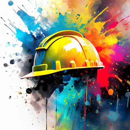 Construction theme showing a yellow hard hat in multicolored vibrant splashy ambiance. AI generated image with lots of paint splashes, splatters and spotsの素材