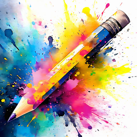 Creativity theme showing a pencil in multicolored vibrant splashy ambiance. AI generated image with lots of paint splashes, splatters and spotsの素材