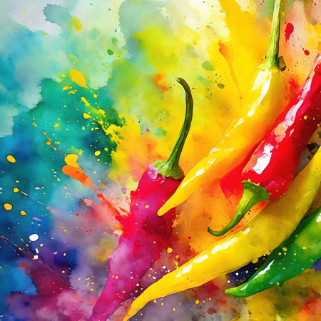 Food and spice theme showing hot chili peppers in multicolored vibrant splashy ambiance. AI generated image with lots of paint splashes, splatters and spotsの素材
