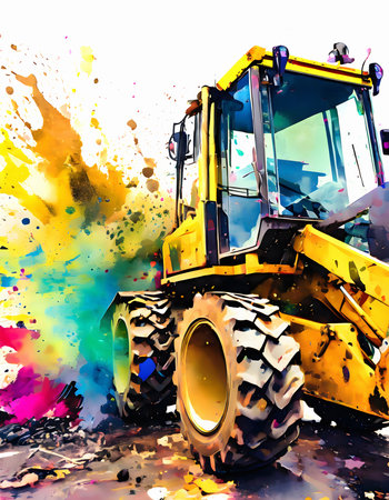 Construction theme showing a front-end loader in multicolored vibrant splashy ambiance. AI generated image with lots of paint splashes, splatters and spotsの素材