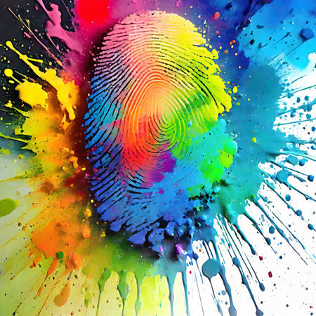 Identity theme showing a fingerprint in multicolored vibrant splashy ambiance. AI generated image with lots of paint splashes, splatters and spotsの素材