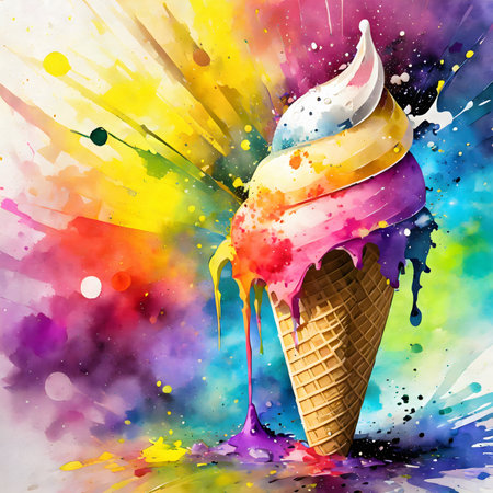 Sweet consumption theme showing ice cream cone in multicolored vibrant splashy ambiance. AI generated image with lots of paint splashes, splatters and spotsの素材