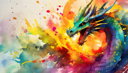 Magical legendary theme showing a fire-drake in multicolored vibrant splashy ambiance. AI generated image with lots of paint splashes, splatters and spotsの素材