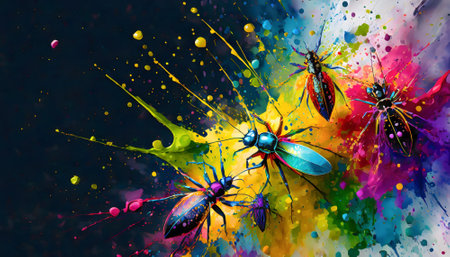 Animal theme showing some various insects in multicolored vibrant splashy ambiance. AI generated image with lots of paint splashes, splatters and spotsの素材