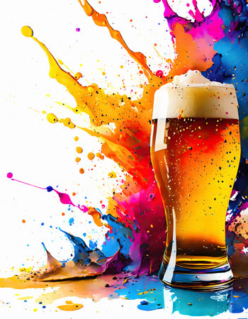 Consumption theme showing a beer glass in multicolored vibrant splashy ambiance. AI generated image with lots of paint splashes, splatters and spotsの素材