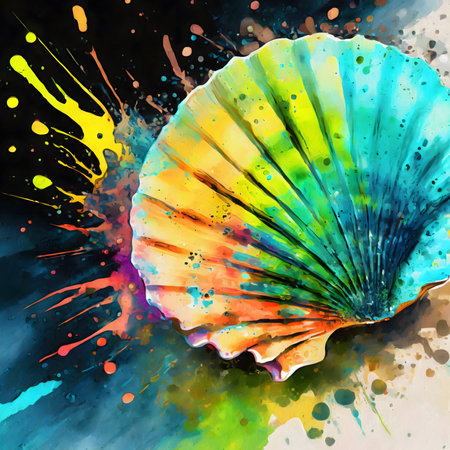 Symbolic theme showing a great scallop shell in multicolored vibrant splashy ambiance. AI generated image with lots of paint splashes, splatters and spotsの素材