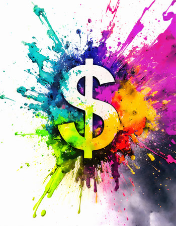 Financial theme showing a dollar symbol in multicolored vibrant splashy ambiance. AI generated image with lots of paint splashes, splatters and spotsの素材