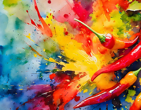 Food and spice theme showing hot chili peppers in multicolored vibrant splashy ambiance. AI generated image with lots of paint splashes, splatters and spotsの素材