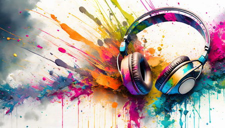 Sound and acoustics theme showing headphones in multicolored vibrant splashy ambiance. AI generated image with lots of paint splashes, splatters and spotsの素材