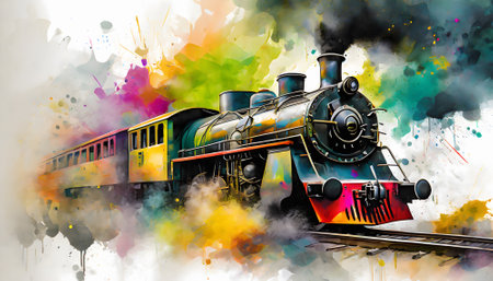 Historic transportation theme showing a steam locomotive in multicolored vibrant splashy ambiance. AI generated image with lots of paint splashes, splatters and spotsの素材