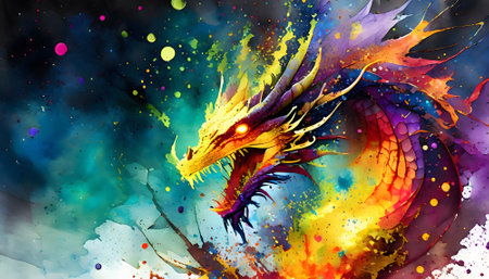Magical legendary theme showing a fire-drake in multicolored vibrant splashy ambiance. AI generated image with lots of paint splashes, splatters and spotsの素材