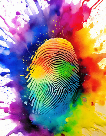 Identity theme showing a fingerprint in multicolored vibrant splashy ambiance. AI generated image with lots of paint splashes, splatters and spotsの素材