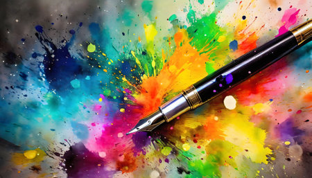 Signing theme showing a fountain pen in multicolored vibrant splashy ambiance. AI generated image with lots of paint splashes, splatters and spotsの素材