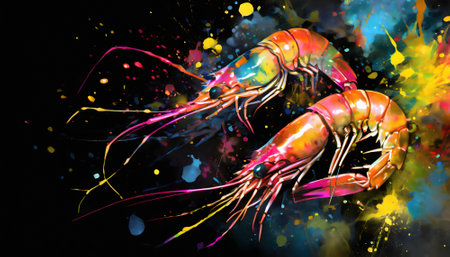 Seafood theme showing some shrimps in multicolored vibrant splashy ambiance. AI generated image with lots of paint splashes, splatters and spotsの素材