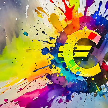Financial theme showing a euro symbol in multicolored vibrant splashy ambiance. AI generated image with lots of paint splashes, splatters and spotsの素材