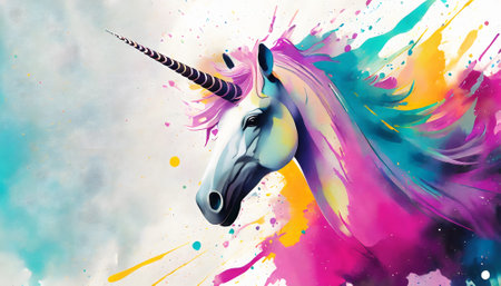 Fabulous theme showing a unicorn portrait in multicolored vibrant splashy ambiance. AI generated image with lots of paint splashes, splatters and spotsの素材