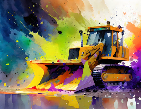 Construction theme showing a front-end loader in multicolored vibrant splashy ambiance. AI generated image with lots of paint splashes, splatters and spotsの素材