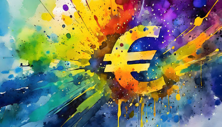 Financial theme showing a euro symbol in multicolored vibrant splashy ambiance. AI generated image with lots of paint splashes, splatters and spotsの素材