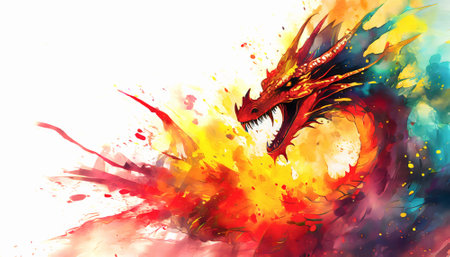 Magical legendary theme showing a fire-drake in multicolored vibrant splashy ambiance. AI generated image with lots of paint splashes, splatters and spotsの素材