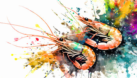 Seafood theme showing some shrimps in multicolored vibrant splashy ambiance. AI generated image with lots of paint splashes, splatters and spotsの素材