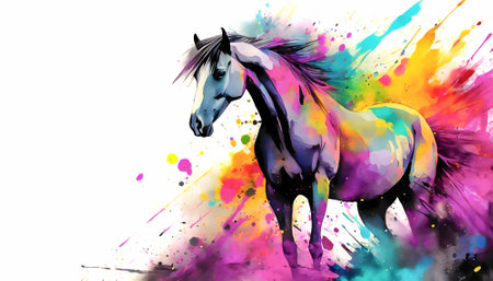 Animal and riding theme showing a horse in multicolored vibrant splashy ambiance. AI generated image with lots of paint splashes, splatters and spotsの素材