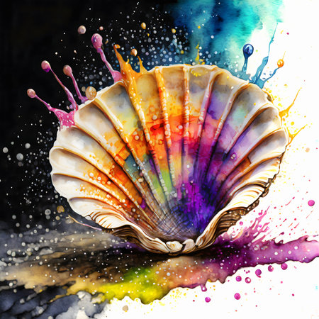 Symbolic theme showing a great scallop shell in multicolored vibrant splashy ambiance. AI generated image with lots of paint splashes, splatters and spotsの素材