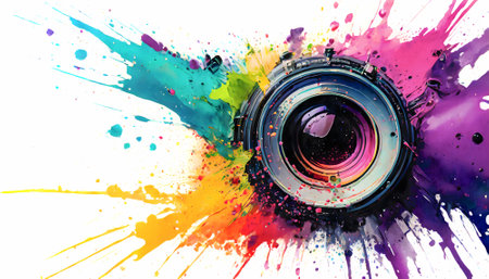 Photography and imaging theme showing a lens in multicolored vibrant splashy ambiance. AI generated image with lots of paint splashes, splatters and spotsの素材