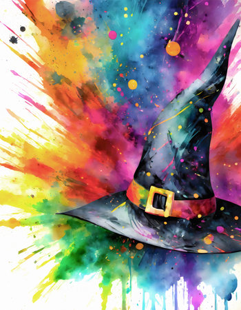 Magic and mystery theme showing a witch hat in multicolored vibrant splashy ambiance. AI generated image with lots of paint splashes, splatters and spotsの素材