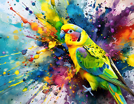 Animal, pet and wildlife theme showing a parakeet in multicolored vibrant splashy ambiance. AI generated image with lots of paint splashes, splatters and spotsの素材