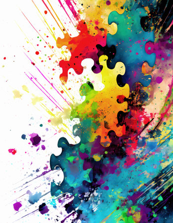 Matching theme showing puzzle pieces in multicolored vibrant splashy ambiance. AI generated image with lots of paint splashes, splatters and spotsの素材
