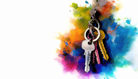 Security and safety theme showing a bunch of keys in multicolored vibrant splashy ambiance. AI generated image with lots of paint splashes, splatters and spotsの素材