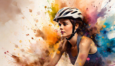 Cycling theme showing the portrait of a cycling beautiful woman in multicolored vibrant splashy ambiance. AI generated image with lots of paint splashes, splatters and spotsの素材