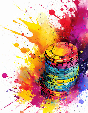 Gambling theme showing stacked chips in multicolored vibrant splashy ambiance. AI generated image with lots of paint splashes, splatters and spotsの素材