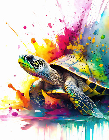 Animal and wildlife theme showing a sea turtle in multicolored vibrant splashy ambiance. AI generated image with lots of paint splashes, splatters and spotsの素材
