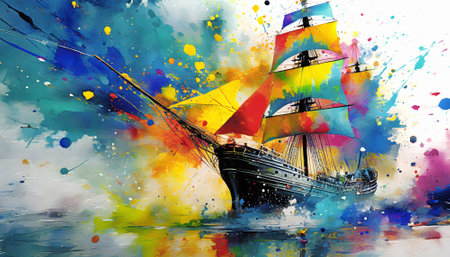 Seafaring and travel theme showing a sailing ship in multicolored vibrant splashy ambiance. AI generated image with lots of paint splashes, splatters and spotsの素材