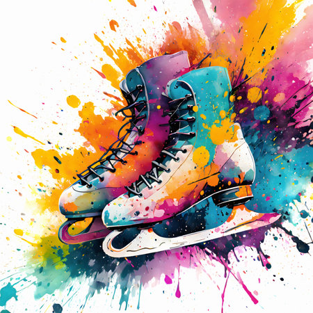 Ice skating theme showing a pair of ice skates in multicolored vibrant splashy ambiance. AI generated image with lots of paint splashes, splatters and spotsの素材