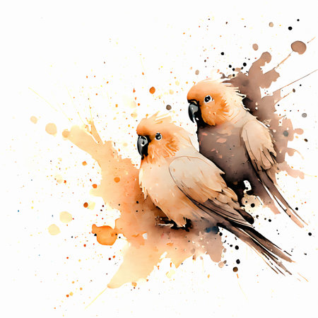 Animal, pet and wildlife theme showing some parakeets in vibrant splashy ambiance. AI generated image with lots of paint splashes, splatters and spotsの素材