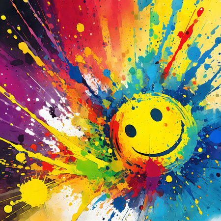 Ideographic theme showing a smiley face in multicolored vibrant splashy ambiance. AI generated image with lots of paint splashes, splatters and spotsの素材