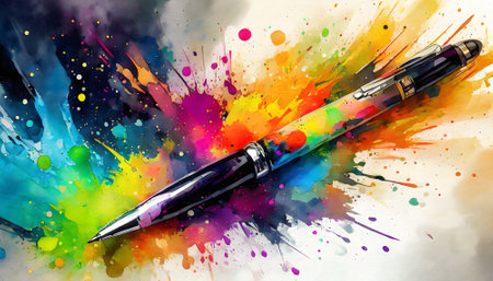 Writing theme showing a writing pen in multicolored vibrant splashy ambiance. AI generated image with lots of paint splashes, splatters and spotsの素材